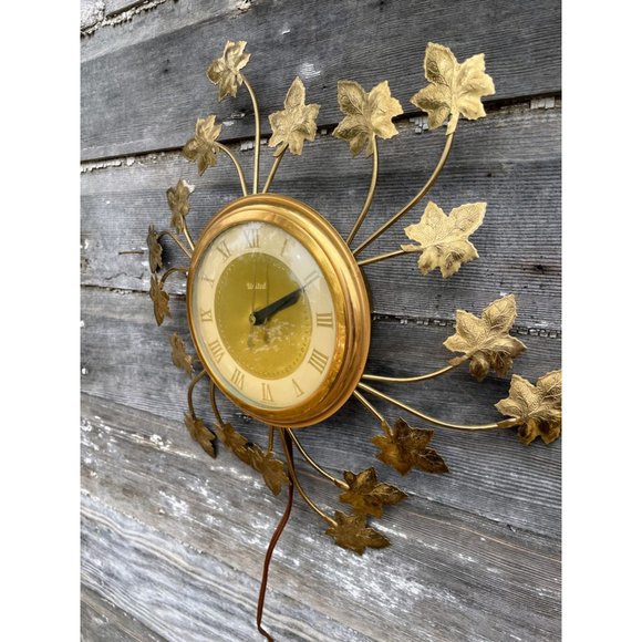 Vintage MCM United Starburst Ivy Leaves Electric wall clock Gold - Picture 3 of 14